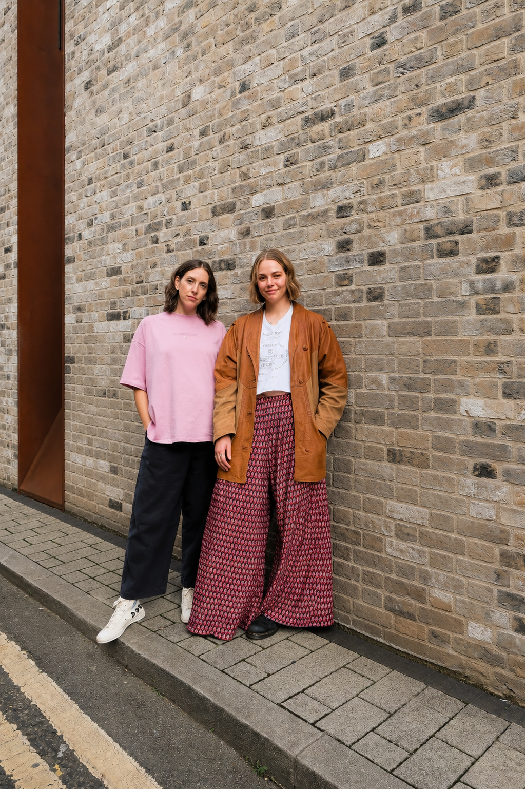 Kate and Ash, the founders of junii, standing together against a brick wall